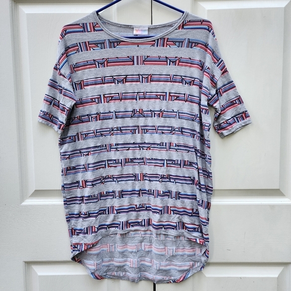 LuLaRoe XXS Irma Tunic Top Gray Red White Blue Patriotic Stripe Print - Picture 1 of 8